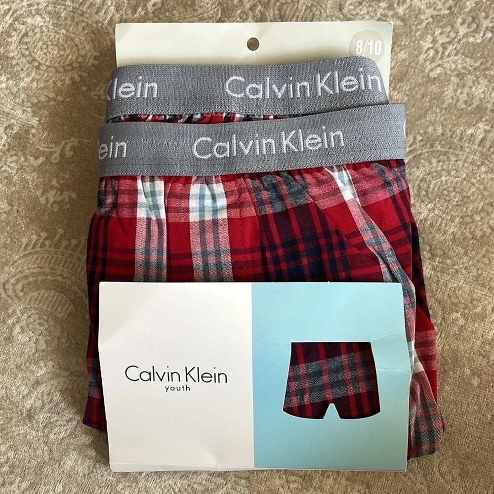 Brand New Calvin Klein 2-Pack Boys Plaid Cotton Boxer Shorts Red Blue Underwear